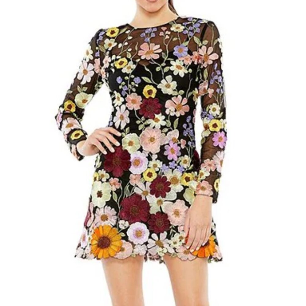 Mac Duggal Floral Applique Embroidered Mesh A Line Mini Dress - Size 4